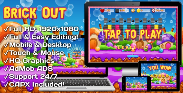 Brick Out – HTML5 Game, Mobile Version+AdMob!!! (Construct 3 | Construct 2 | Capx) Nulled