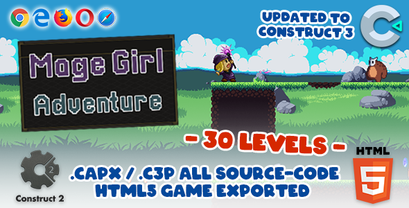 Mage Girl Adventure (Side Scrolling / Pixel Art) – HTML5 Construct 2/3 Game (.capx / .c3p)